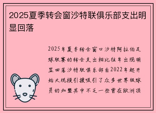 2025夏季转会窗沙特联俱乐部支出明显回落