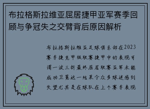 布拉格斯拉维亚屈居捷甲亚军赛季回顾与争冠失之交臂背后原因解析 布拉格斯拉维亚屈居捷甲亚军赛季回顾与争冠失之交臂背后原因解析