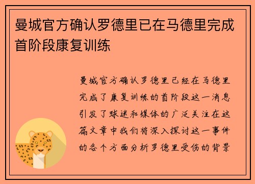 曼城官方确认罗德里已在马德里完成首阶段康复训练 曼城官方确认罗德里已在马德里完成首阶段康复训练